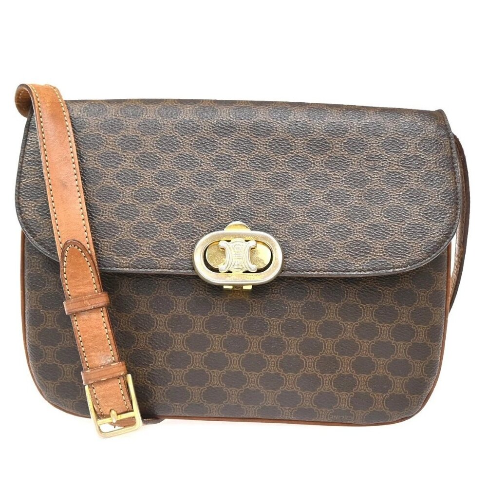 CELINE Logo Macadam Pattern Shoulder Bag PVC Leather Brown GHW Italy 02ZA058